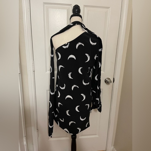 Saint Laurent Tie-Neck One-Sleeve Moon-Print Short Silk Dress - Picture 8 of 15